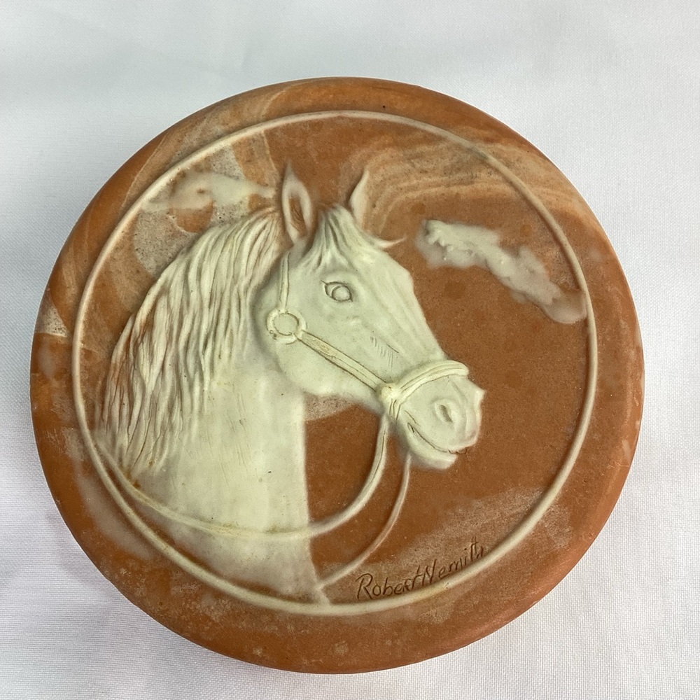 Vintage Robert Nemith Handcarved Incolay Soapstone Trinket Jewelry Box Horse